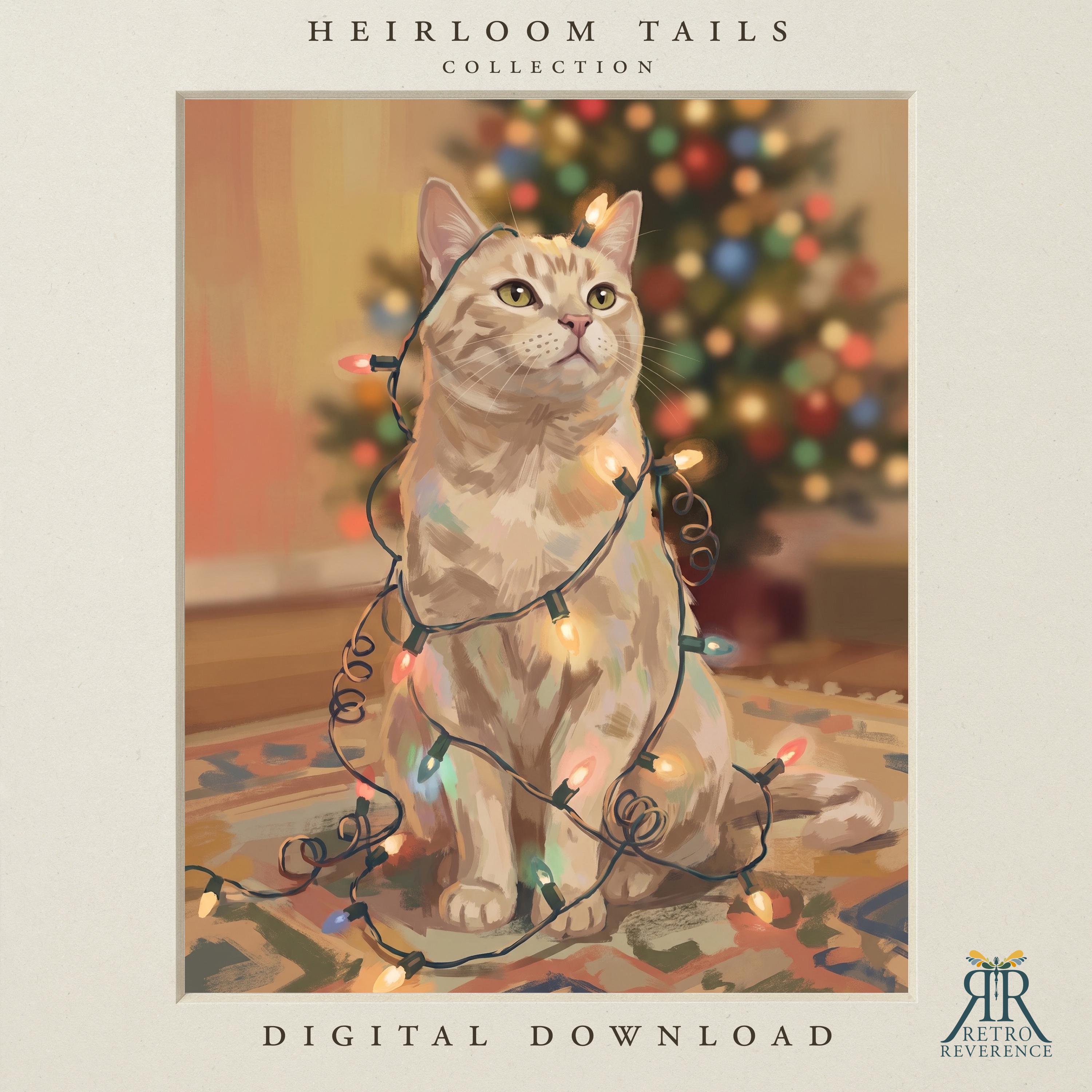 Custom cat portrait of a cream tabby cat tangled in a strand of colored Christmas lights in front of a decorated tree