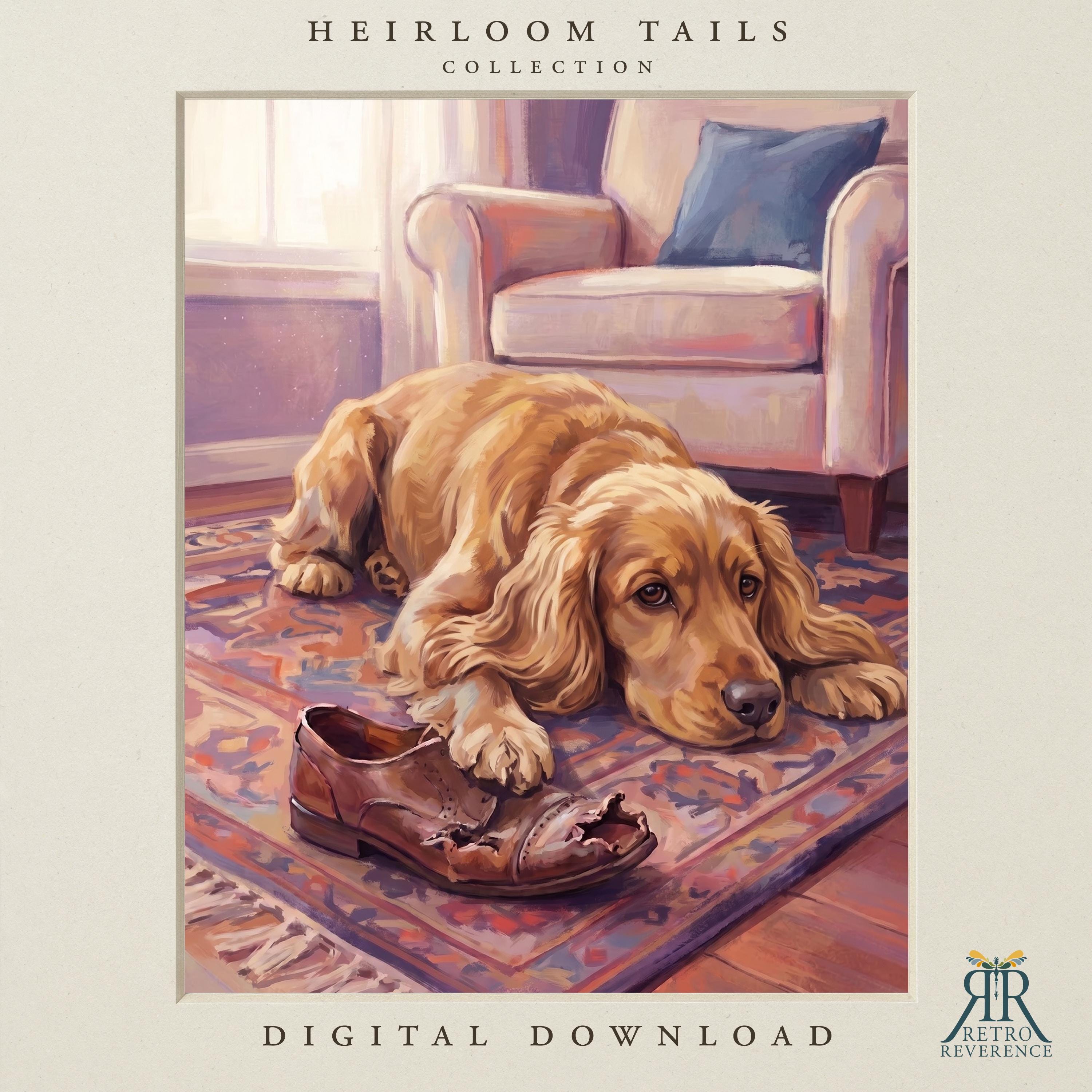 Custom dog portrait of a golden cocker spaniel lying on a patterned rug beside a well-chewed leather shoe