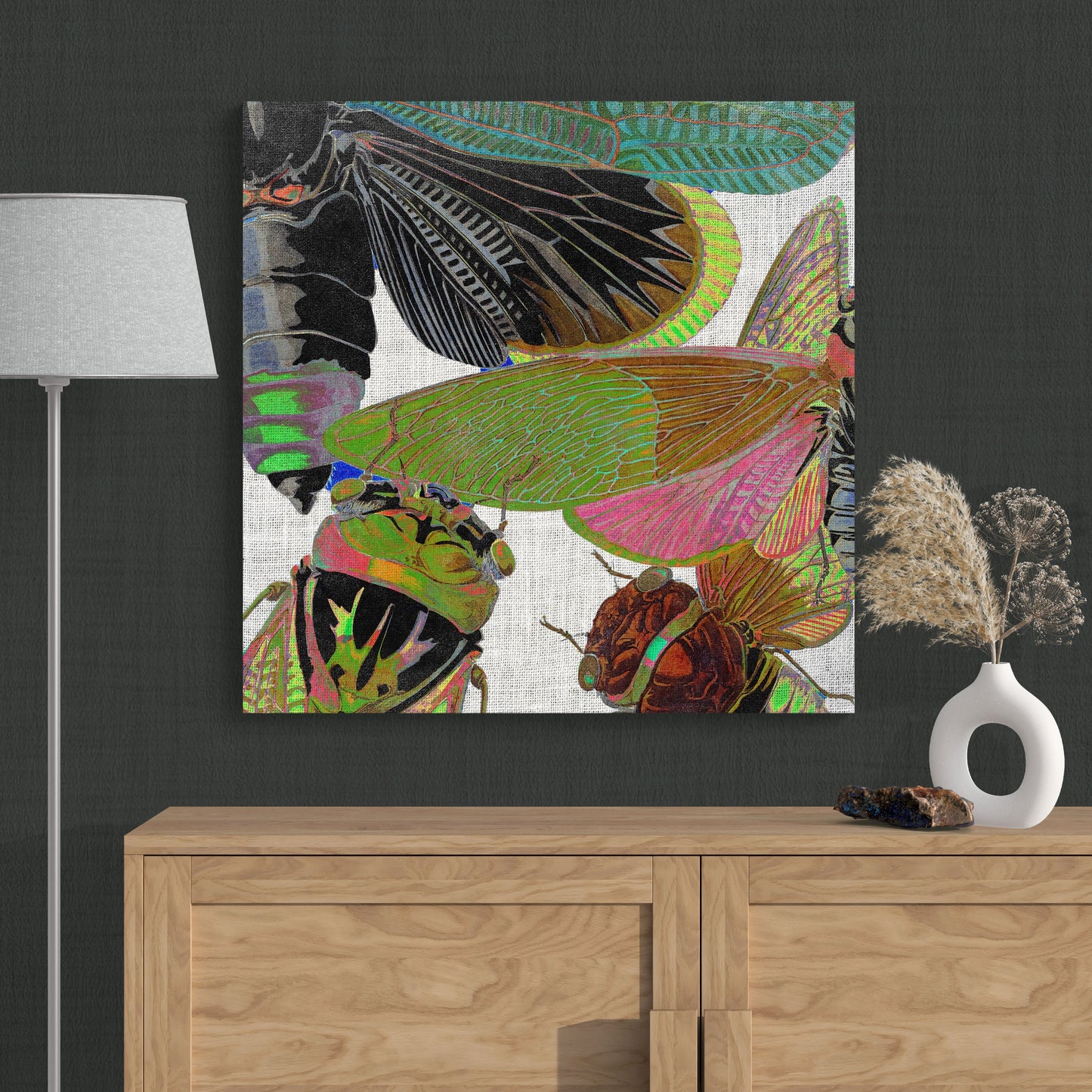 Abstract Insects Cicada Collage 1 - Colorful Nature Canvas Wall Art - Retro Reverence