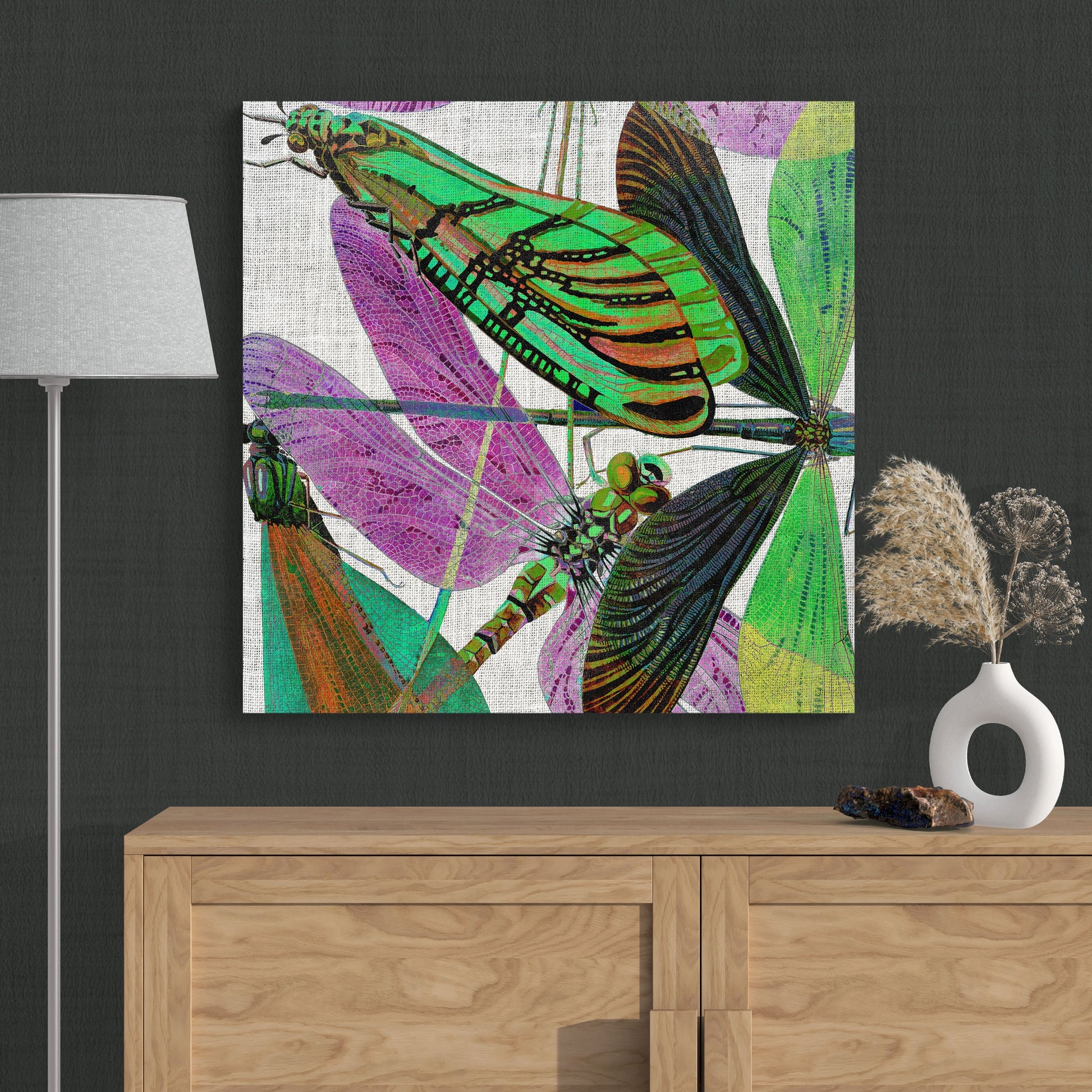 Abstract Insects Damselfly Collage 1 - Colorful Nature Canvas Wall Art - Retro Reverence