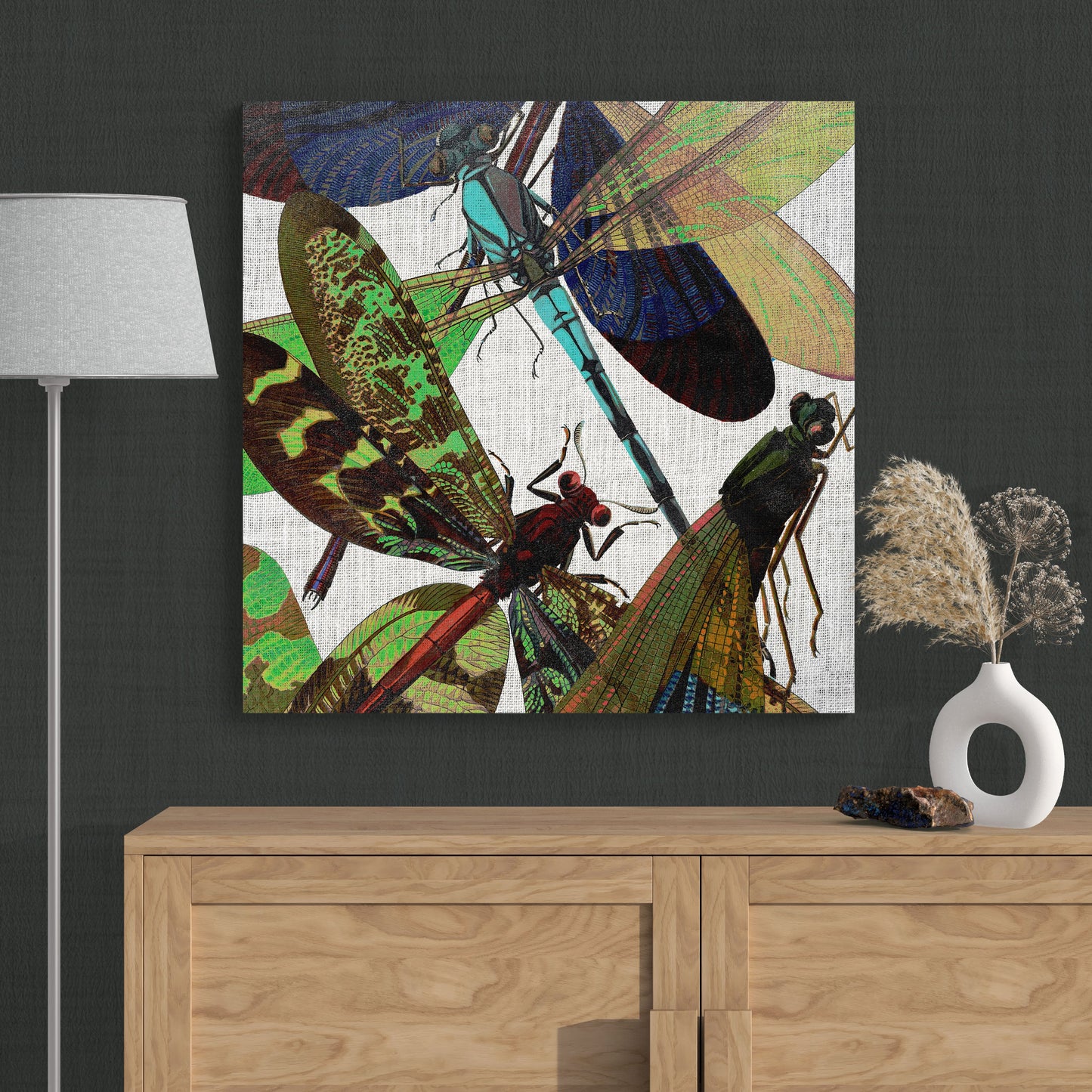 Abstract Insects Damselfly Collage 2 - Colorful Nature Canvas Wall Art - Retro Reverence