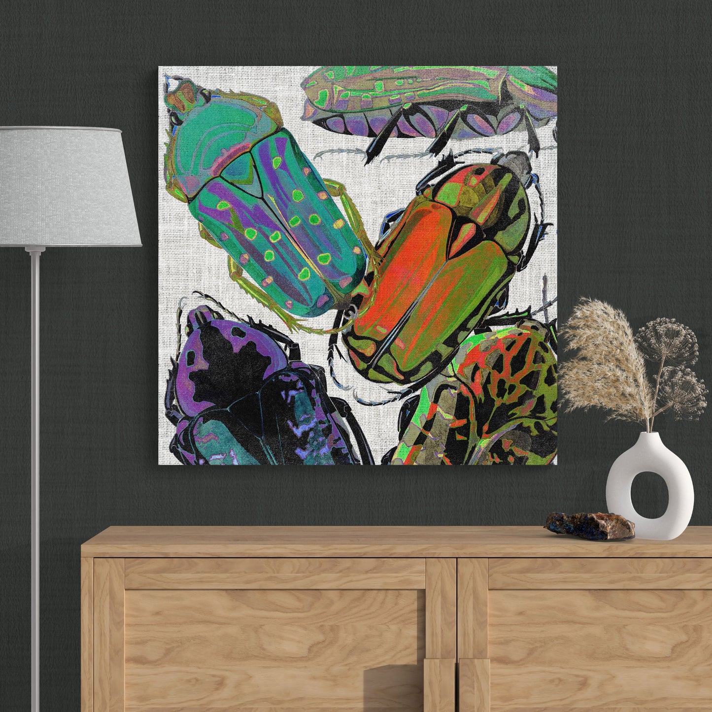 Abstract Insects Dung Beetle Collage - Colorful Nature Canvas Wall Art - Retro Reverence