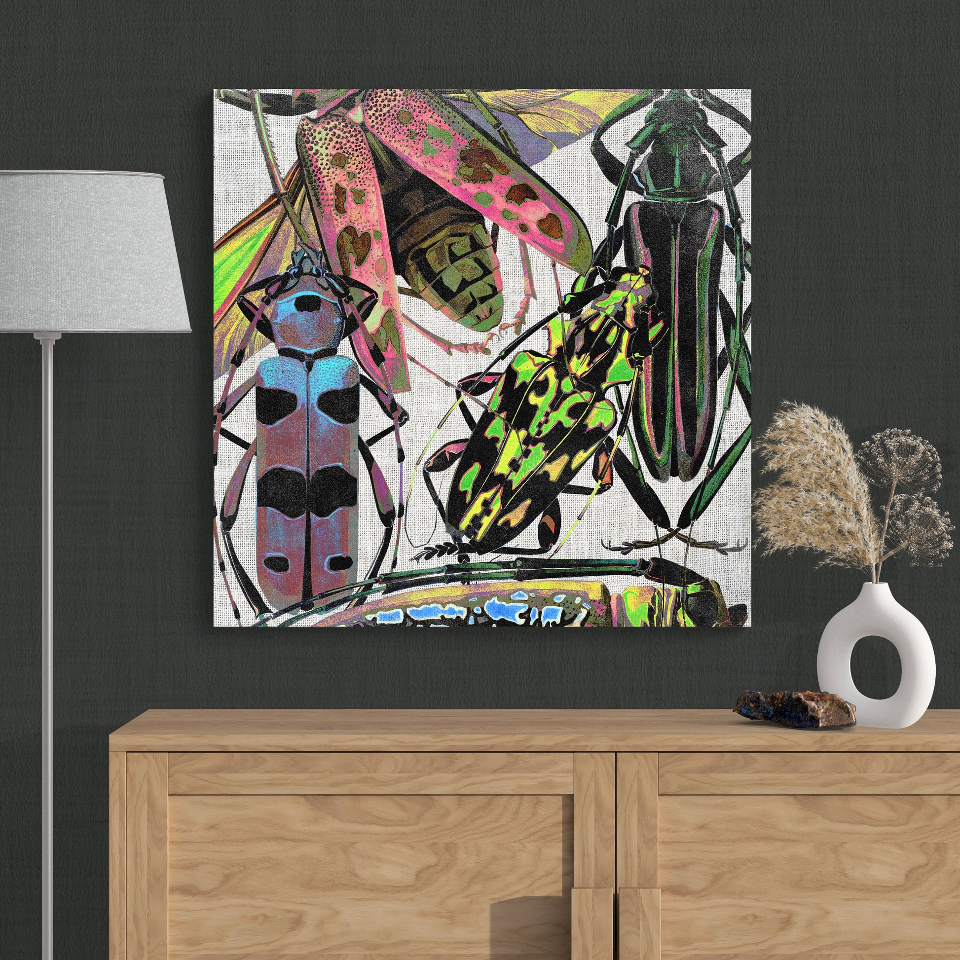 Abstract Insects Long Horn Beetle Collage - Colorful Nature Canvas Wall Art - Retro Reverence