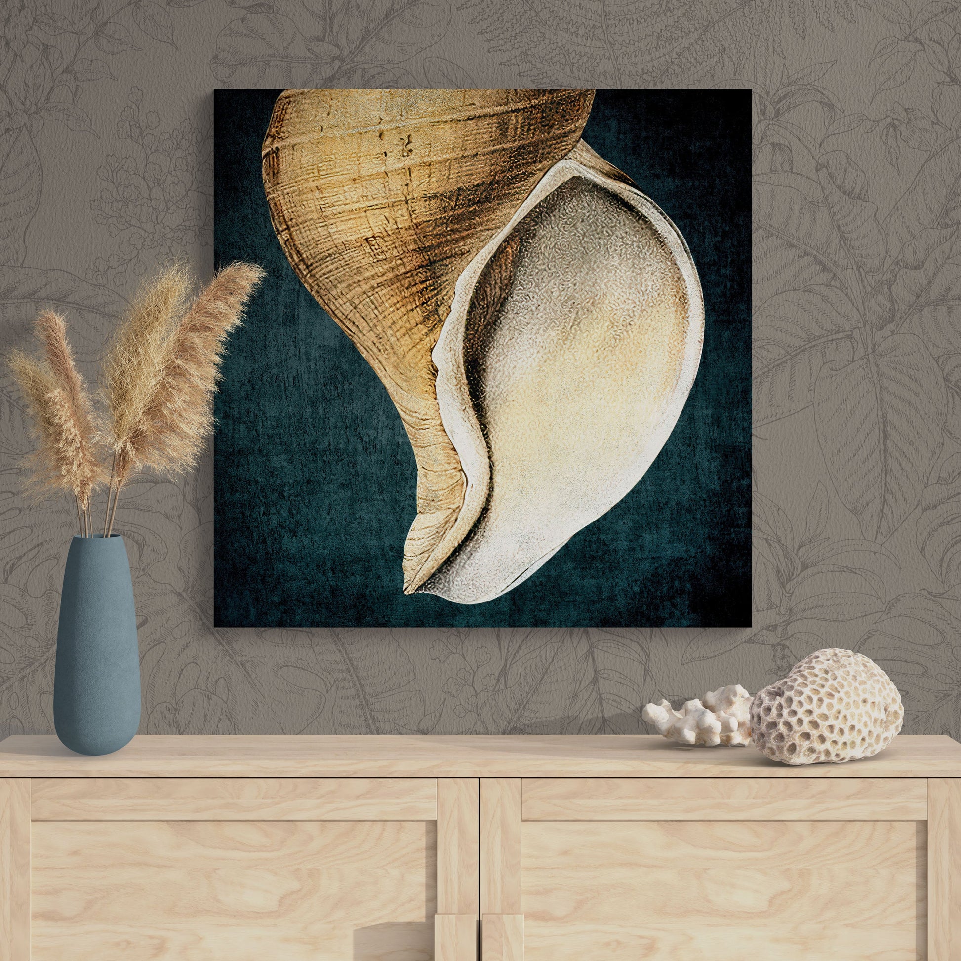Abstract Shell Antique Illustration 13A - Elegant Jewel-Toned Coastal Canvas Art Print - Retro Reverence