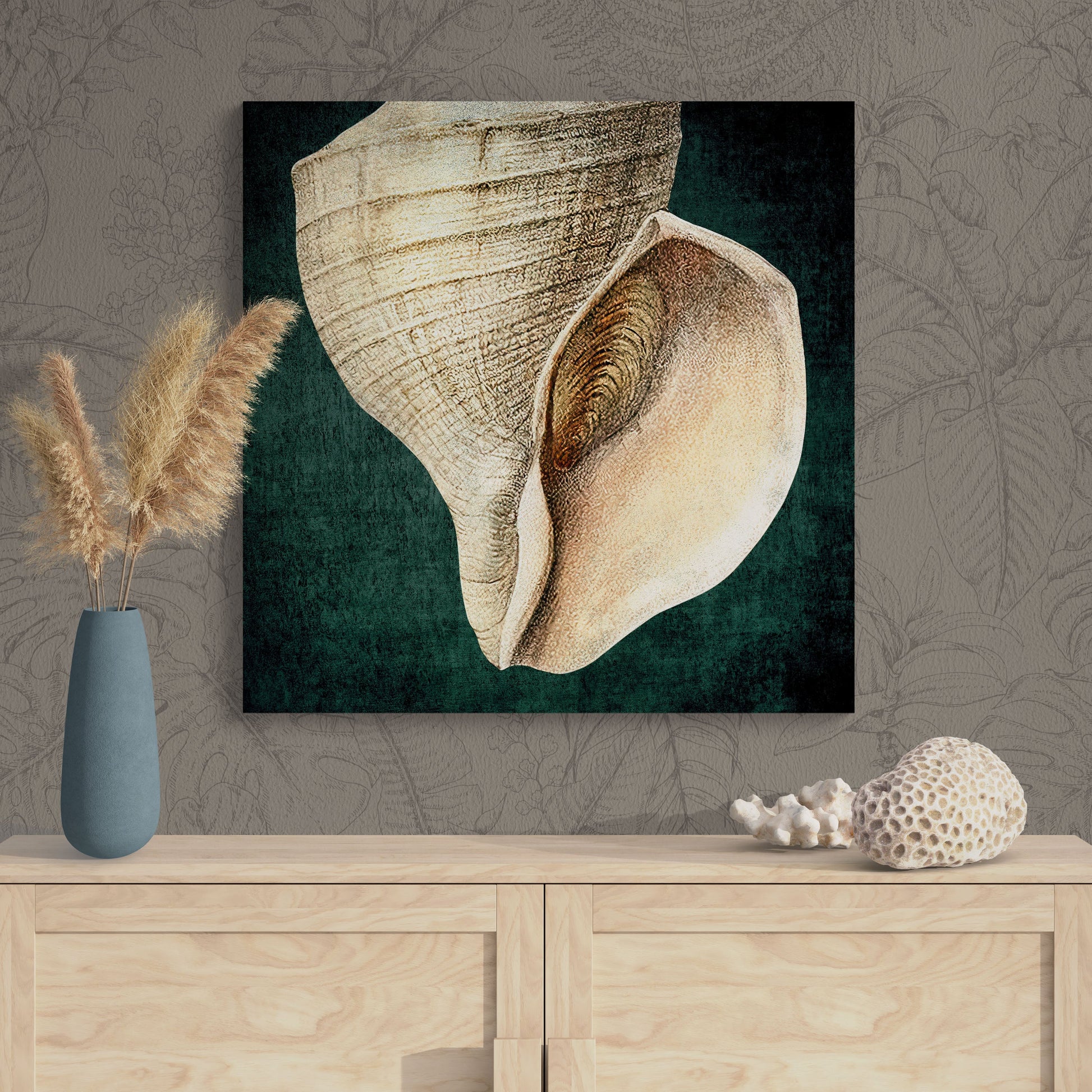 Abstract Shell Antique Illustration 17A - Elegant Jewel-Toned Coastal Canvas Art Print - Retro Reverence
