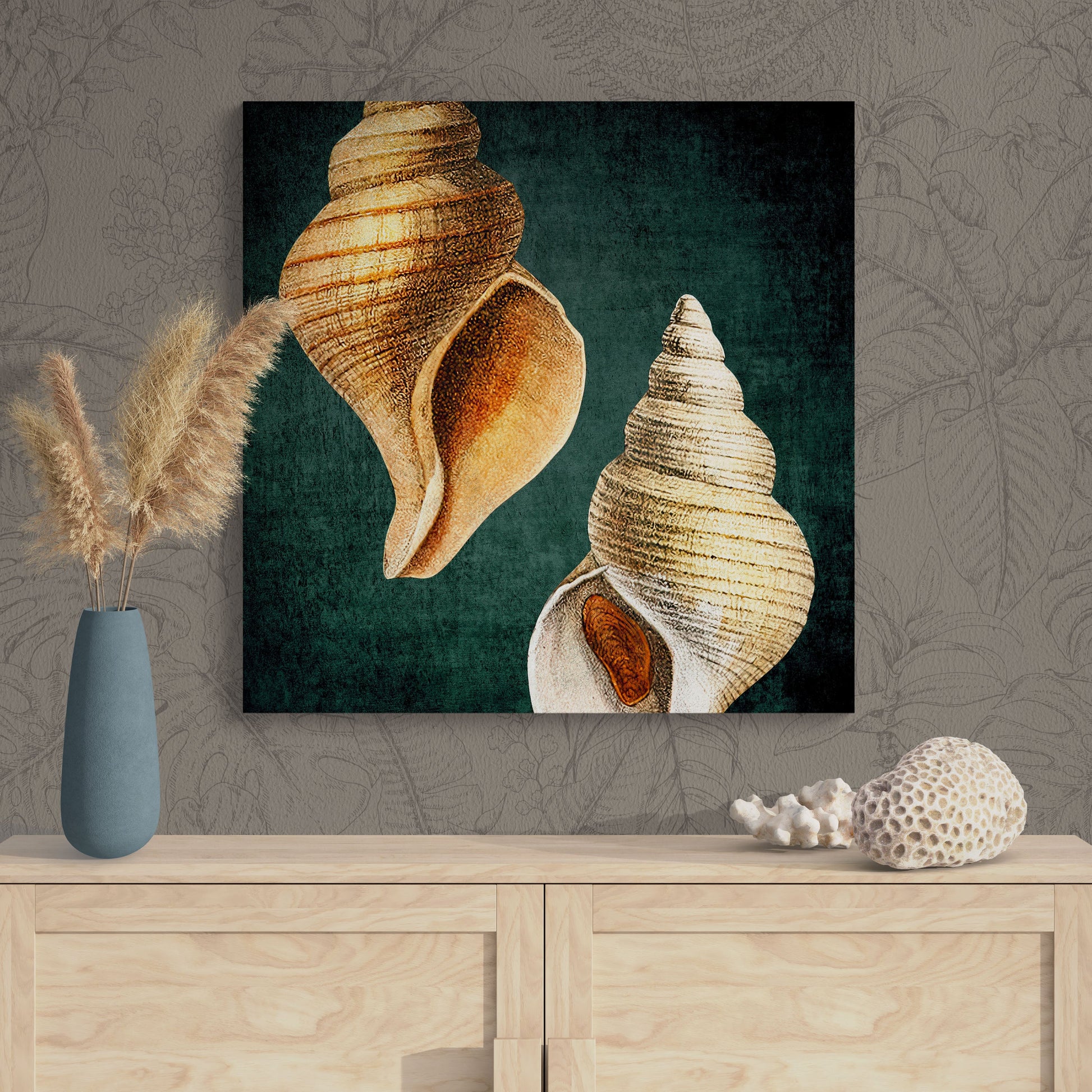 Abstract Shell Antique Illustration Collage 2 - Elegant Jewel-Toned Coastal Canvas Art Print - Retro Reverence