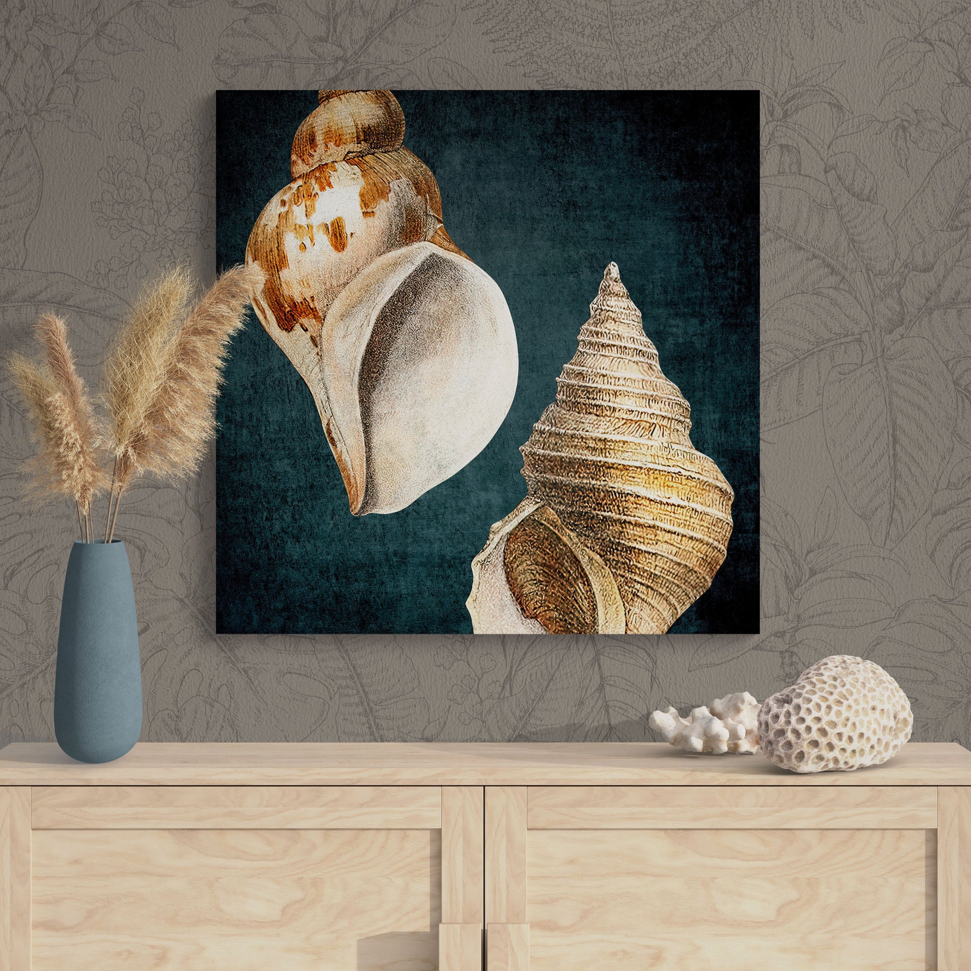 Abstract Shell Antique Illustration Collage 3 - Elegant Jewel-Toned Coastal Canvas Art Print - Retro Reverence