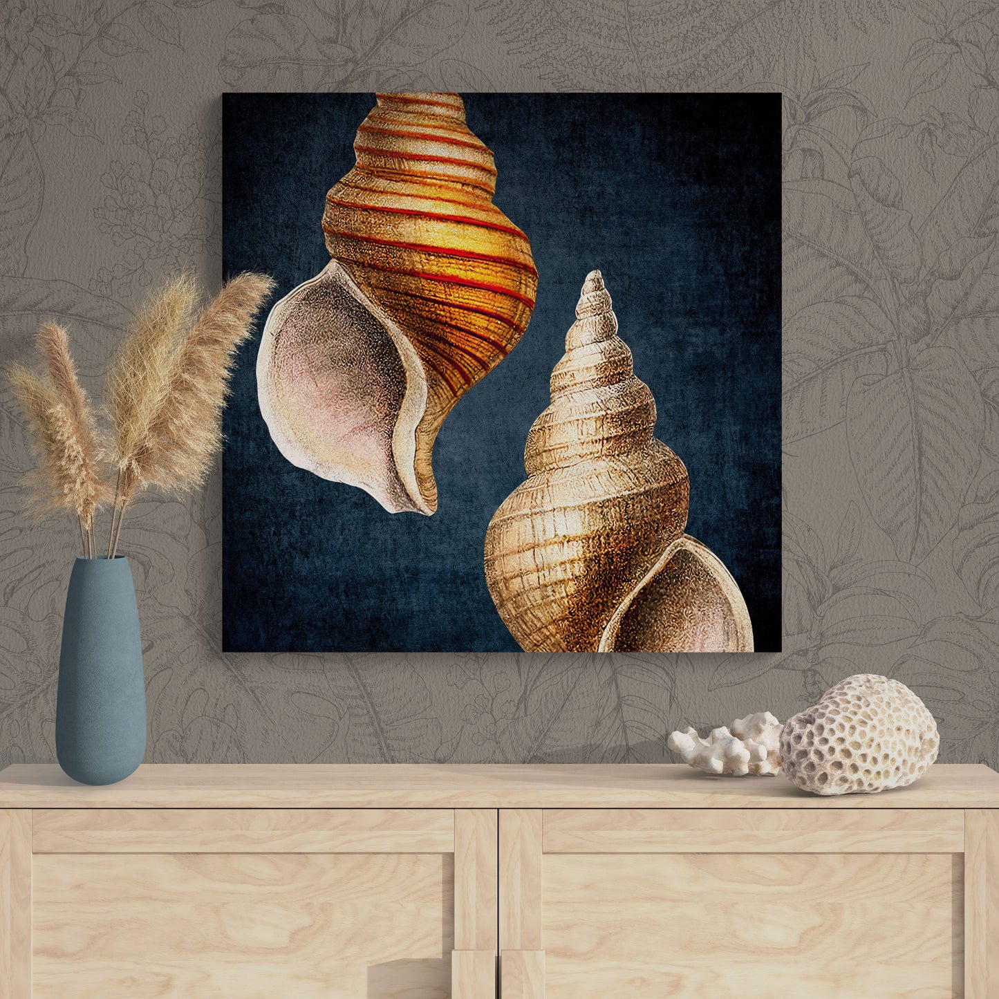 Abstract Shell Antique Illustration Collage 4 - Elegant Jewel-Toned Coastal Canvas Art Print - Retro Reverence
