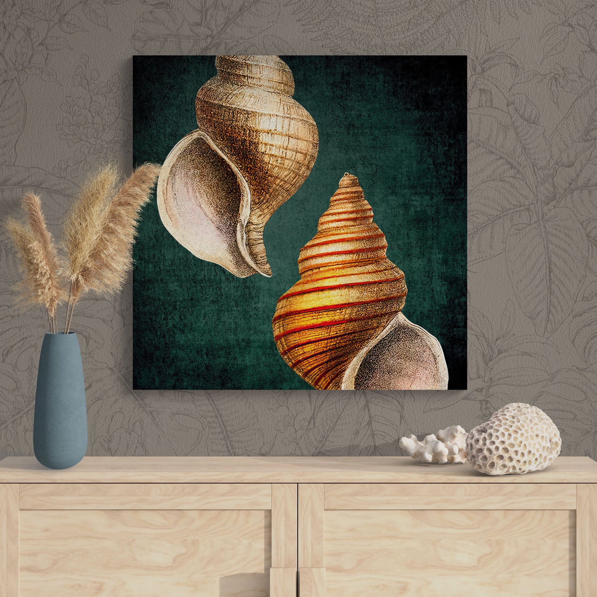 Abstract Shell Antique Illustration Collage 5 - Elegant Jewel-Toned Coastal Canvas Art Print - Retro Reverence