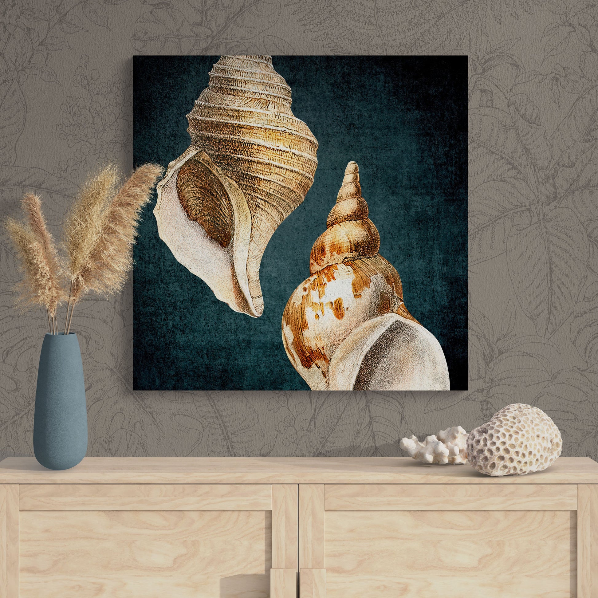 Abstract Shell Antique Illustration Collage 6 - Elegant Jewel-Toned Coastal Canvas Art Print - Retro Reverence