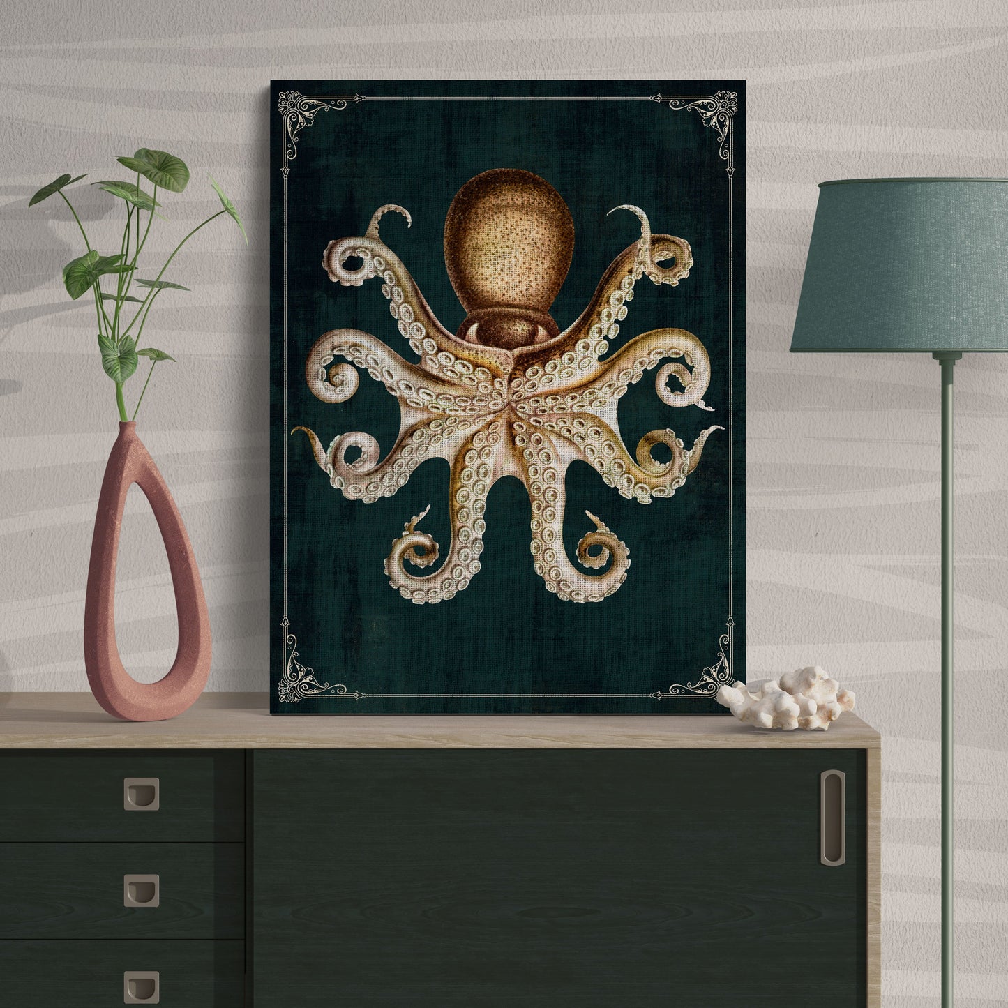 Brown Octopus Vintage Deep Sea Ocean Wall Art - Retro Reverence