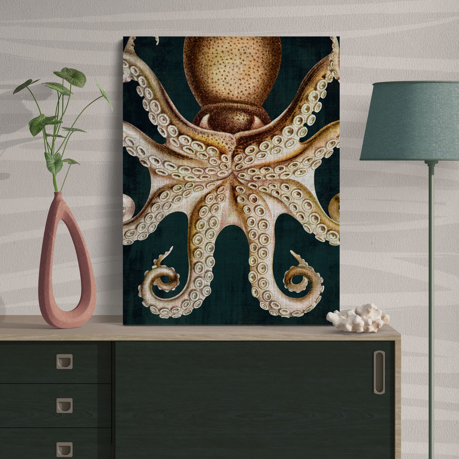 Brown Octopus Vintage Deep Sea Ocean Wall Art - Retro Reverence