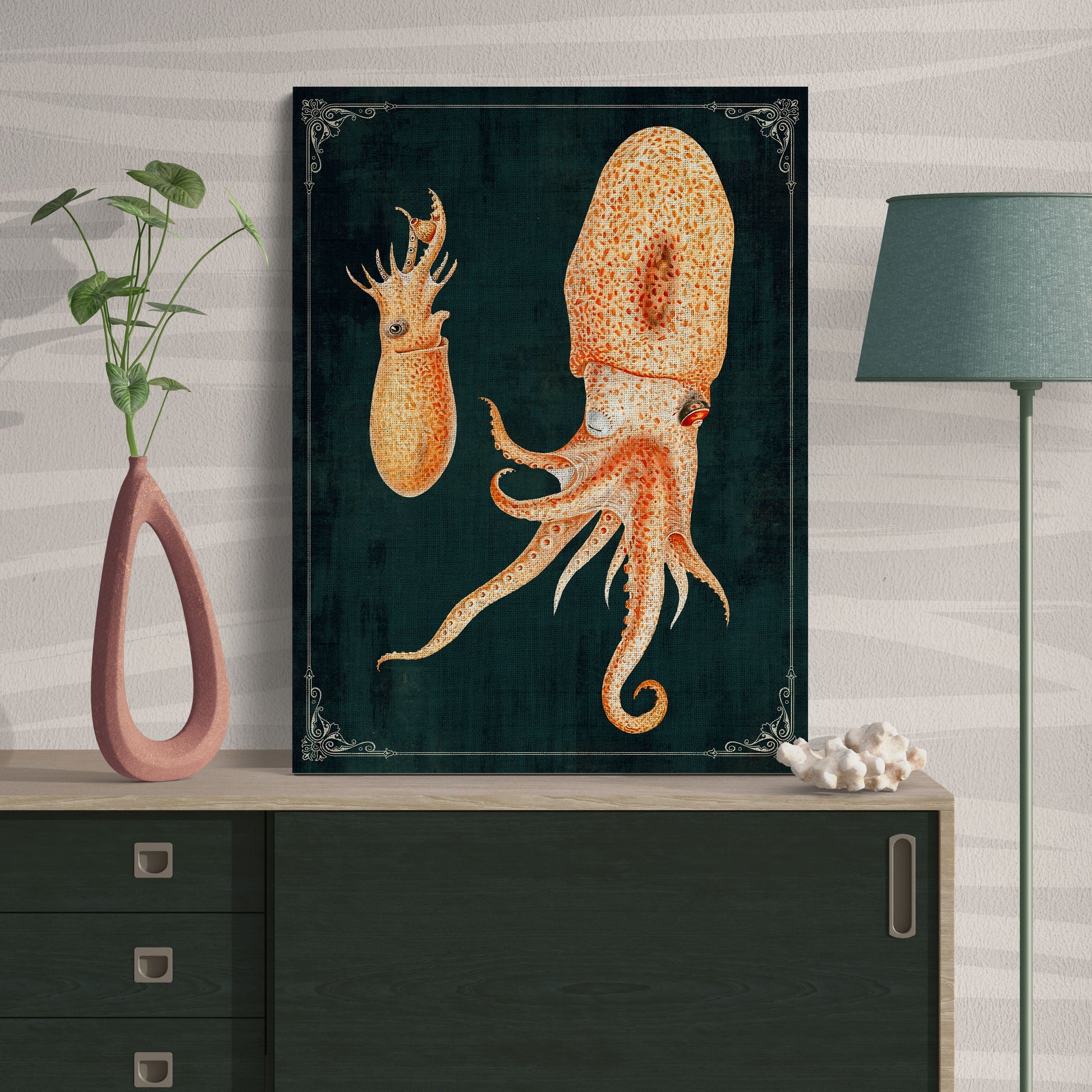 Orange Cephalopod Collage Vintage Deep Sea Ocean Wall Art - Retro Reverence