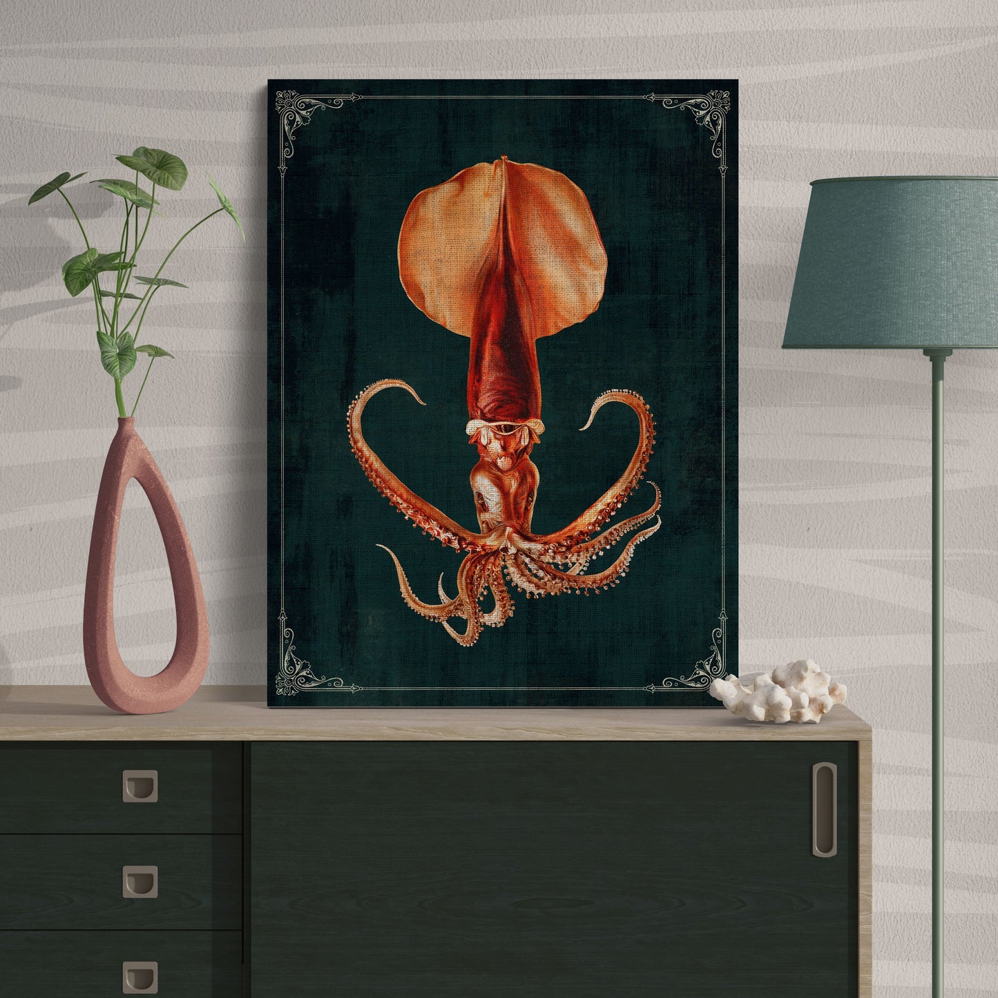 Orange Squid Vintage Deep Sea Ocean Wall Art - Retro Reverence