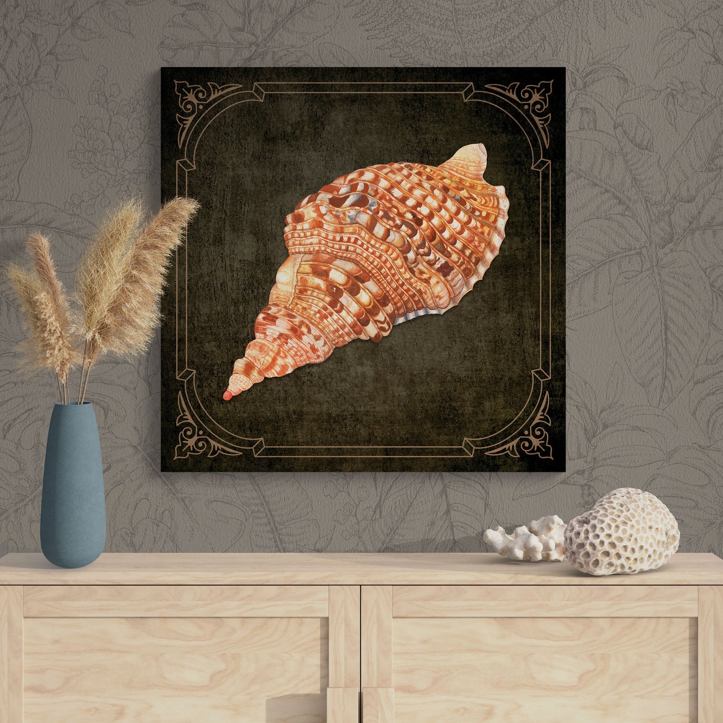 Vintage Shell Illustration 2 - Elegant Jewel-Toned Coastal Canvas Art Print - Retro Reverence