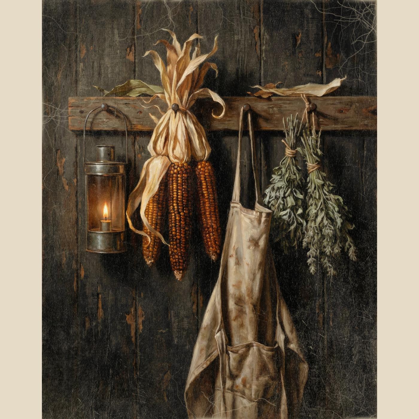 Dried Corn and Apron fall wall art: dried corn, a worn work apron and herb bundles hanging from a peg rail beside a candle lantern, digitally illustrated in an aged, candlelit vintage style