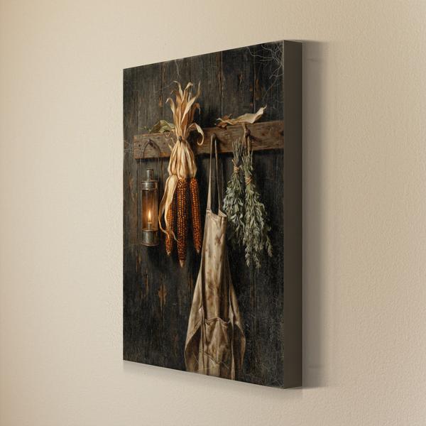 Dried Corn and Apron fall wall art as a gallery wrapped canvas with finished edges