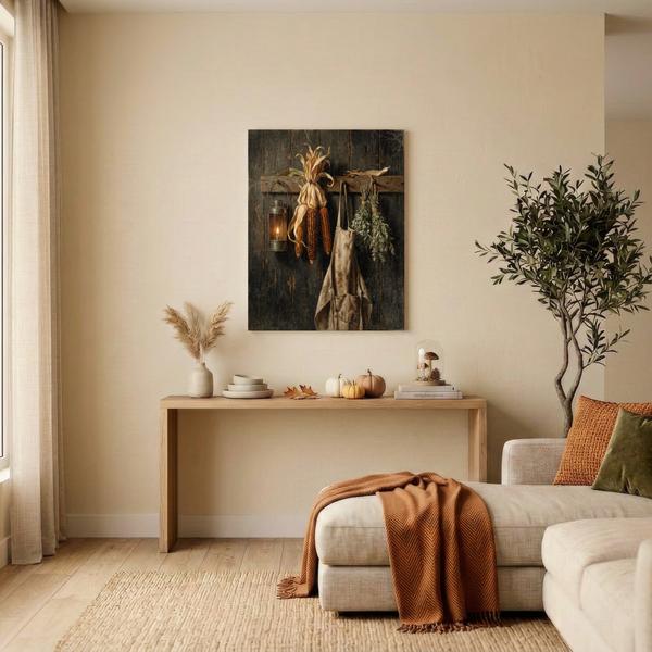 Dried Corn and Apron wall art hanging in a styled room: dried corn, a worn work apron and herb bundles hanging from a peg rail beside a candle lantern