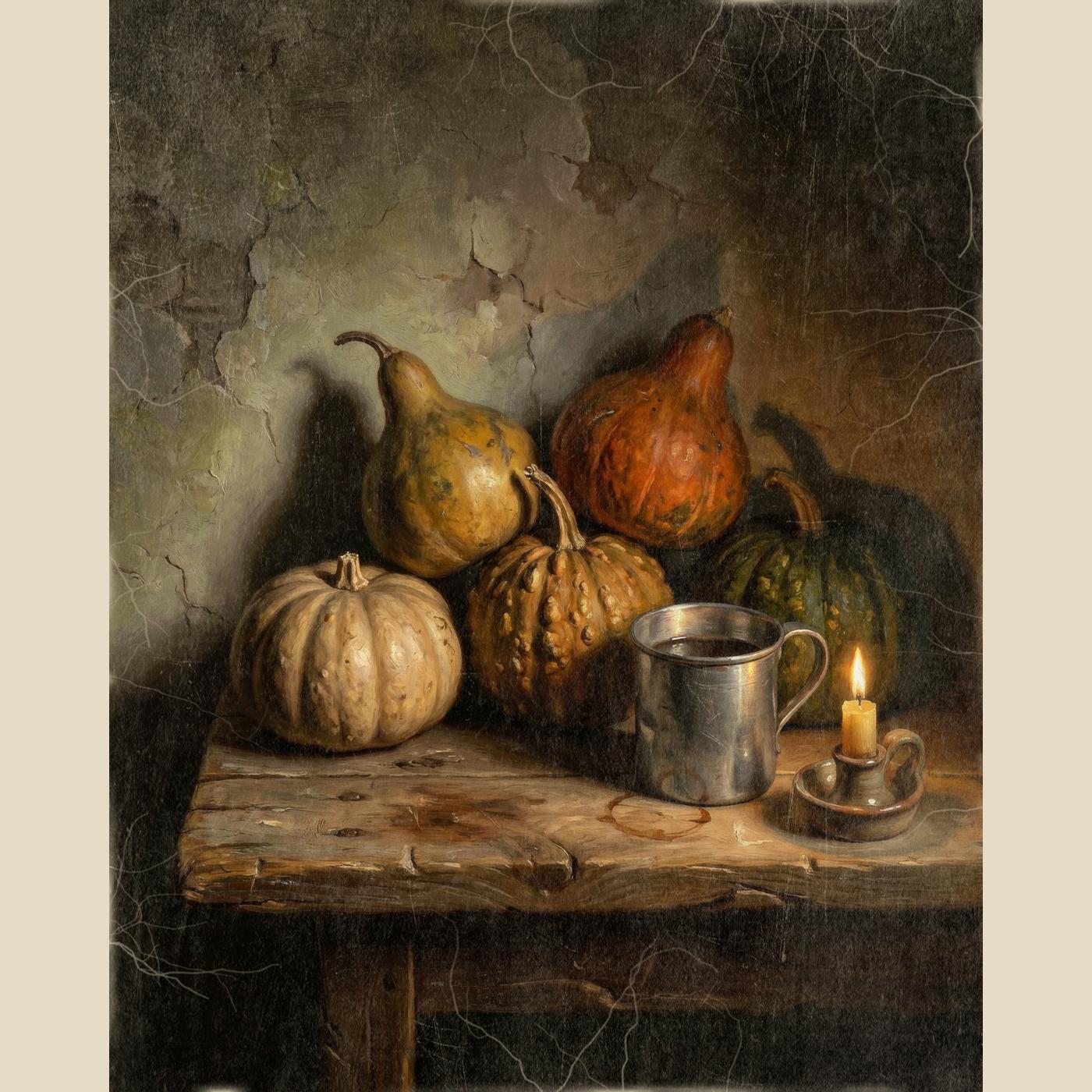 Pumpkins and Gourds fall wall art: pumpkins and gourds on a scrubbed wooden table with a pewter mug and a candle stub, digitally illustrated in an aged, candlelit vintage style
