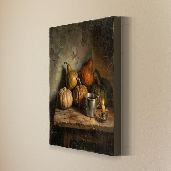 Pumpkins and Gourds fall wall art as a gallery wrapped canvas with finished edges