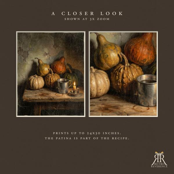 Close-up detail of the pumpkins and gourds artwork showing the aged, textured finish