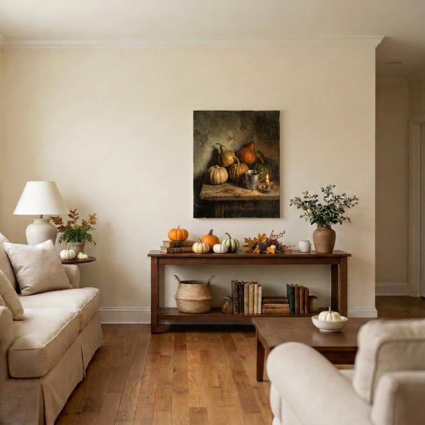 Pumpkins and Gourds wall art hanging in a styled room: pumpkins and gourds on a scrubbed wooden table with a pewter mug and a candle stub