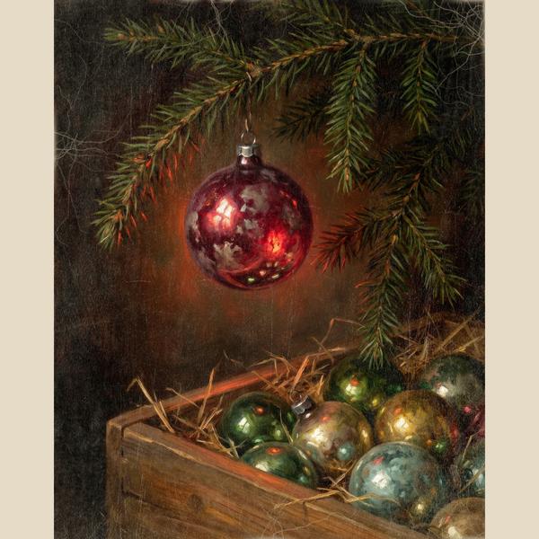 Glass Ornament Christmas wall art: one red glass ornament hanging from a pine branch above a wooden crate of old ornaments in straw, digitally illustrated in an aged, candlelit vintage style