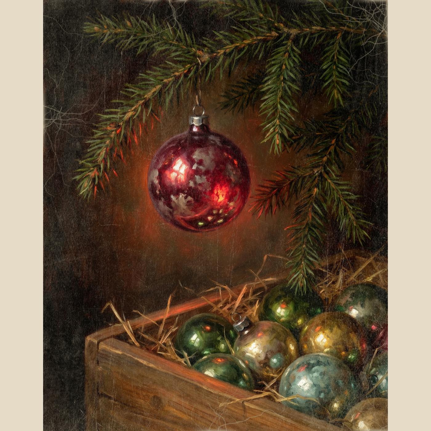 Glass Ornament Christmas wall art: one red glass ornament hanging from a pine branch above a wooden crate of old ornaments in straw, digitally illustrated in an aged, candlelit vintage style