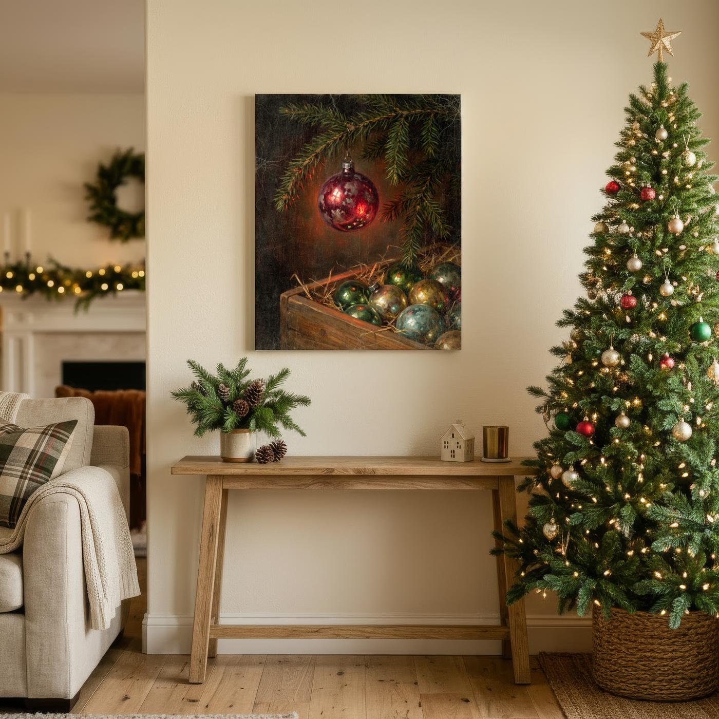 Glass Ornament wall art hanging in a styled room: one red glass ornament hanging from a pine branch above a wooden crate of old ornaments in straw