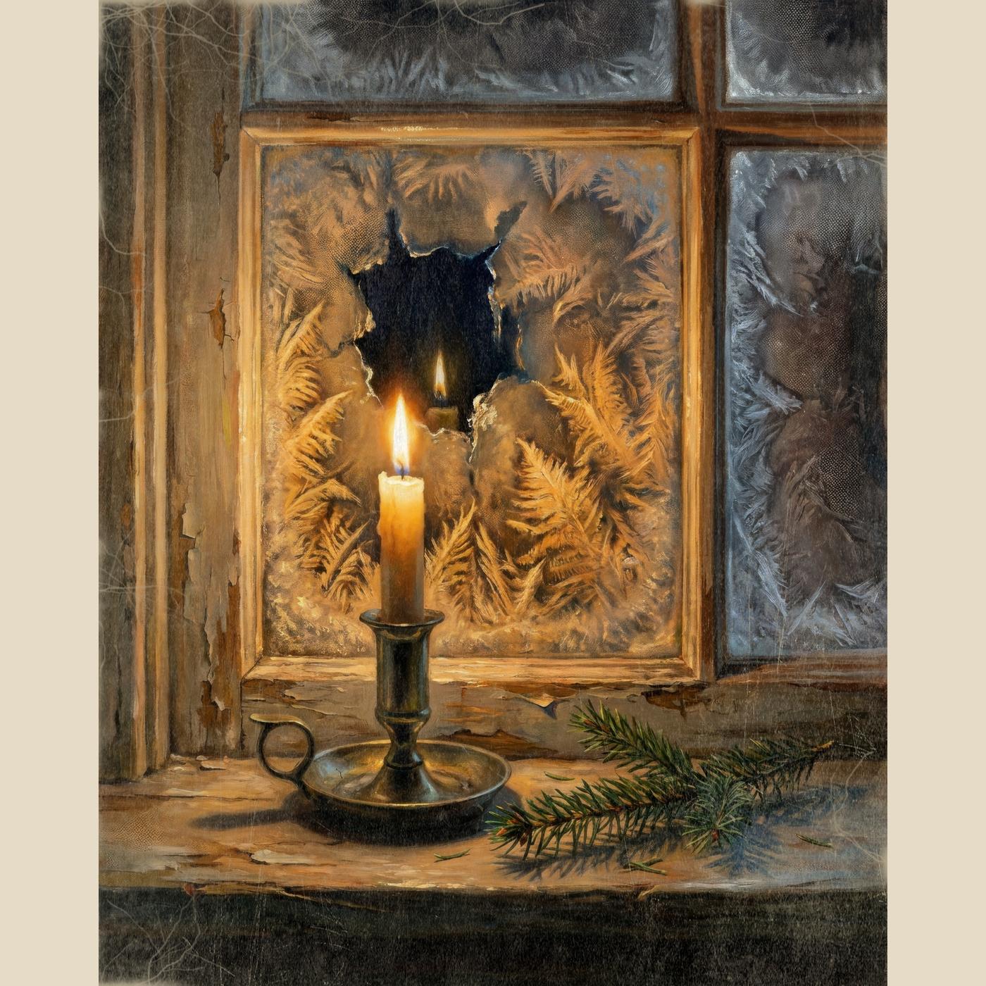 Candle in the Window Christmas wall art: a brass chamberstick candle against a frost-covered window at night, digitally illustrated in an aged, candlelit vintage style