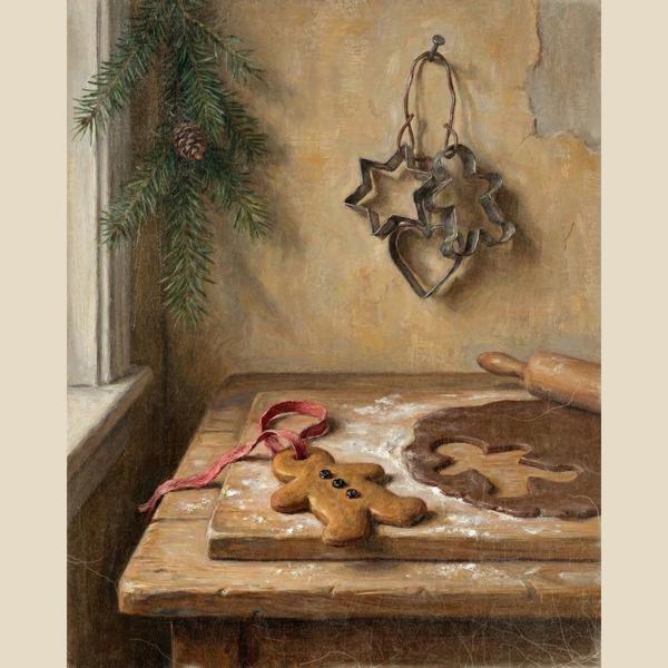 Gingerbread Man Cookie Christmas wall art: a ribboned gingerbread man beside rolled dough with a cutout and tin cutters, digitally illustrated in an aged, candlelit vintage style