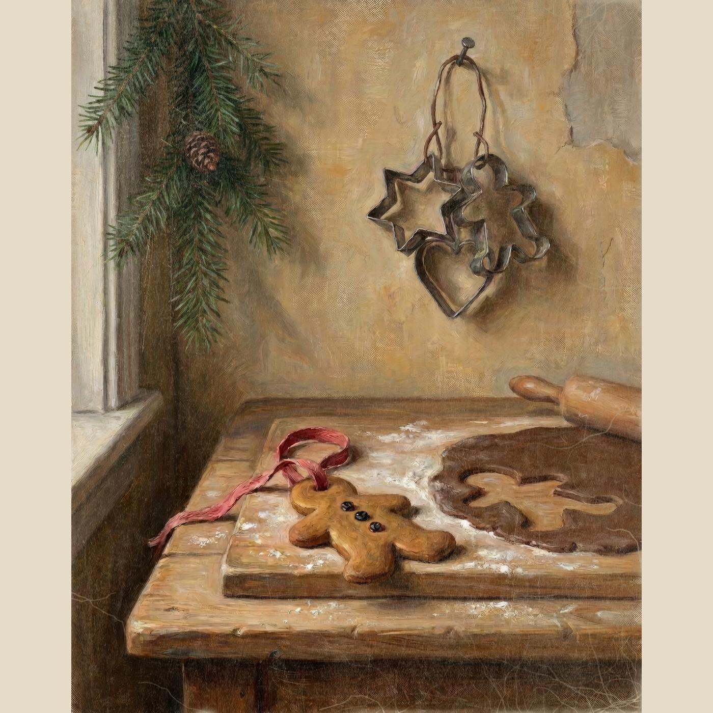 Gingerbread Man Cookie Christmas wall art: a ribboned gingerbread man beside rolled dough with a cutout and tin cutters, digitally illustrated in an aged, candlelit vintage style