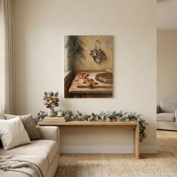 Gingerbread Man Cookie wall art hanging in a styled room: a ribboned gingerbread man beside rolled dough with a cutout and tin cutters