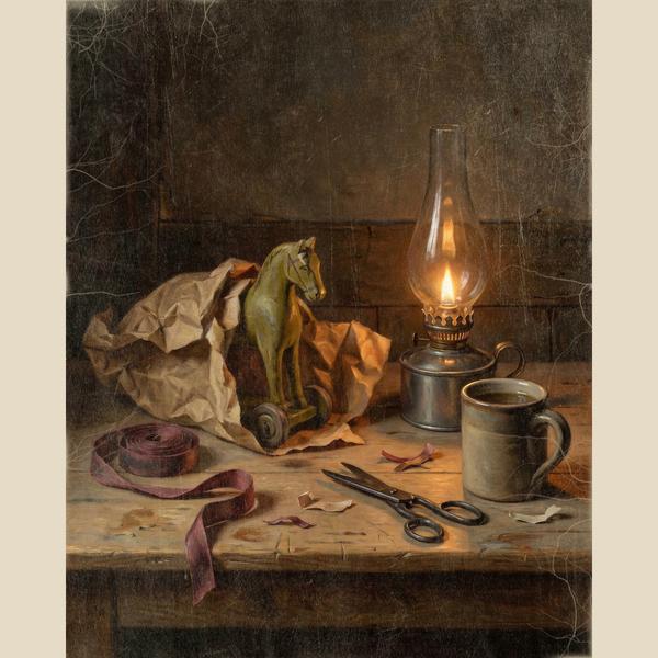 Wooden Toy Horse Christmas wall art: a little wooden horse on wheels half out of its paper wrapping in the glow of an oil lamp, digitally illustrated in an aged, candlelit vintage style