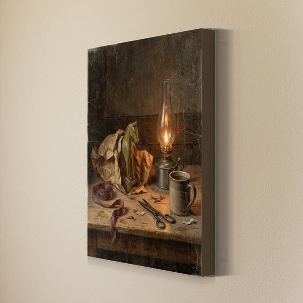 Wooden Toy Horse Christmas wall art as a gallery wrapped canvas with finished edges