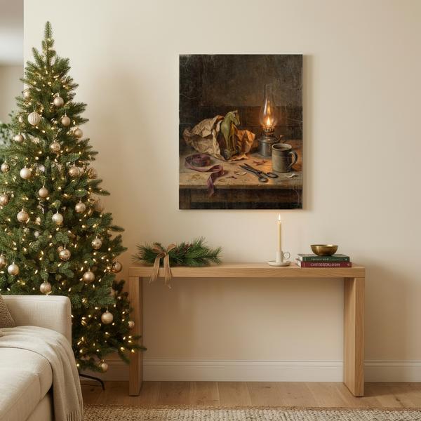 Wooden Toy Horse wall art hanging in a styled room: a little wooden horse on wheels half out of its paper wrapping in the glow of an oil lamp