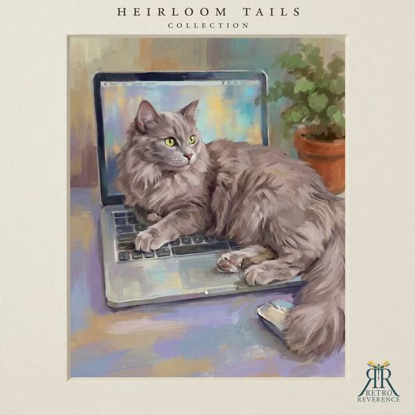 The same scene of a cat lying across a laptop keyboard on a working desk, rendered with a different cat, showing how the portrait adapts to any coat and markings