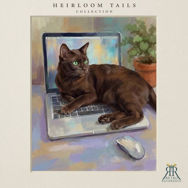 The same scene of a cat lying across a laptop keyboard on a working desk, rendered with a different cat, showing how the portrait adapts to any coat and markings