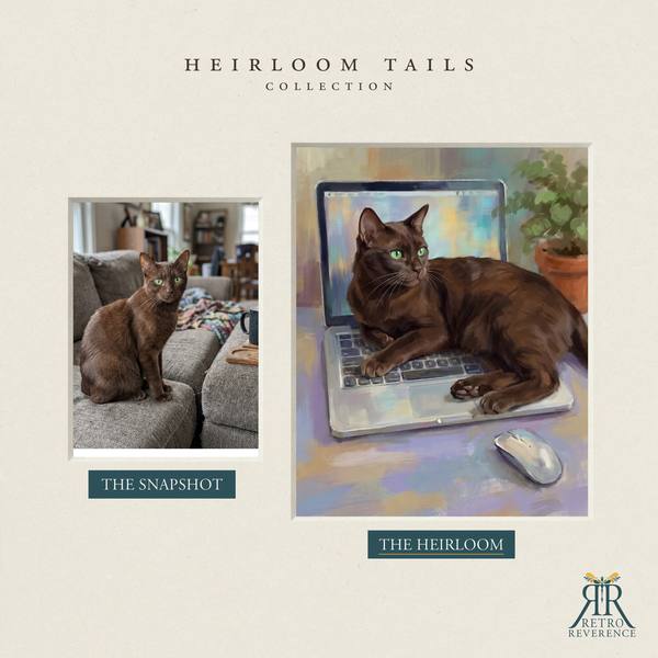 Custom cat portrait before and after: the customer’s original photo beside the finished illustration of a cat lying across a laptop keyboard on a working desk