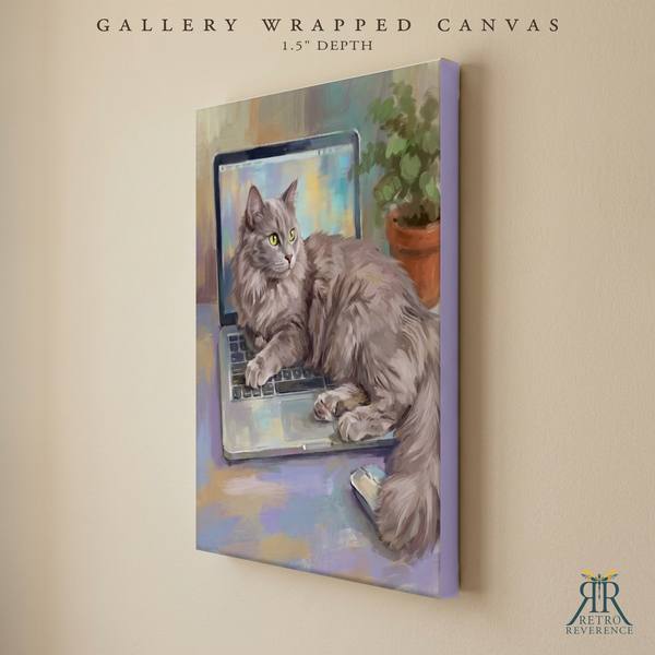 Custom cat portrait of a cat lying across a laptop keyboard on a working desk as a gallery wrapped canvas with finished edges
