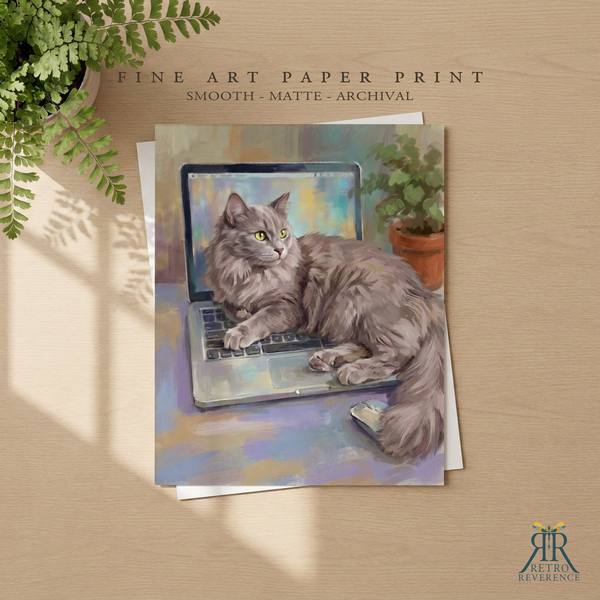 Custom cat portrait of a cat lying across a laptop keyboard on a working desk as a framed fine art paper print