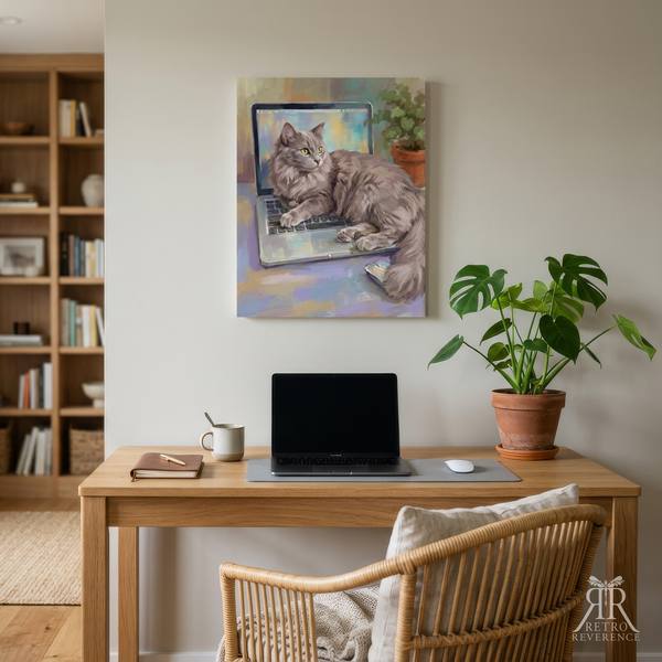 Custom cat portrait of a cat lying across a laptop keyboard on a working desk, framed and hanging on a wall at home