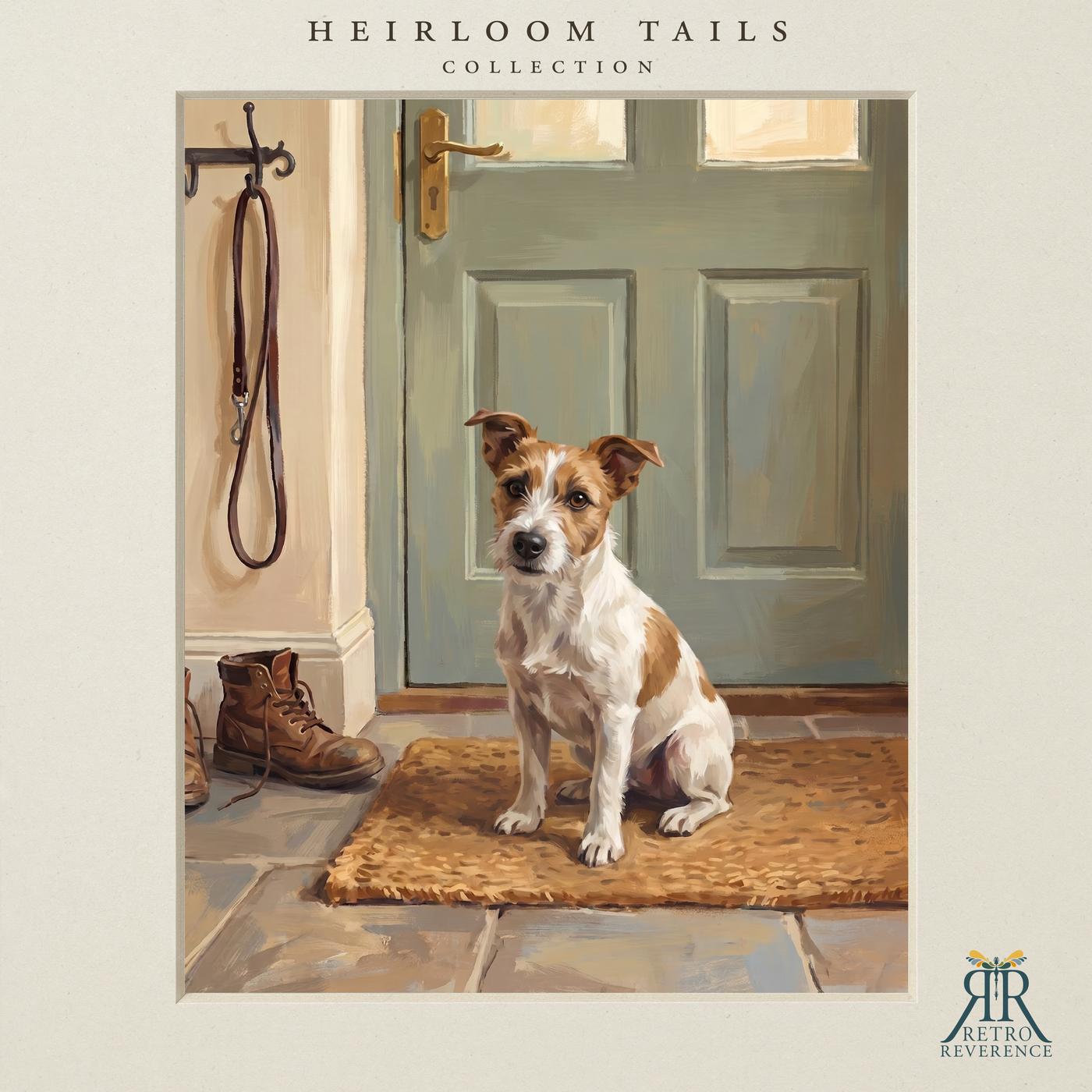 Custom dog portrait of a dog sitting by the front door beside the leash, waiting for a walk, illustrated in a painterly vintage style