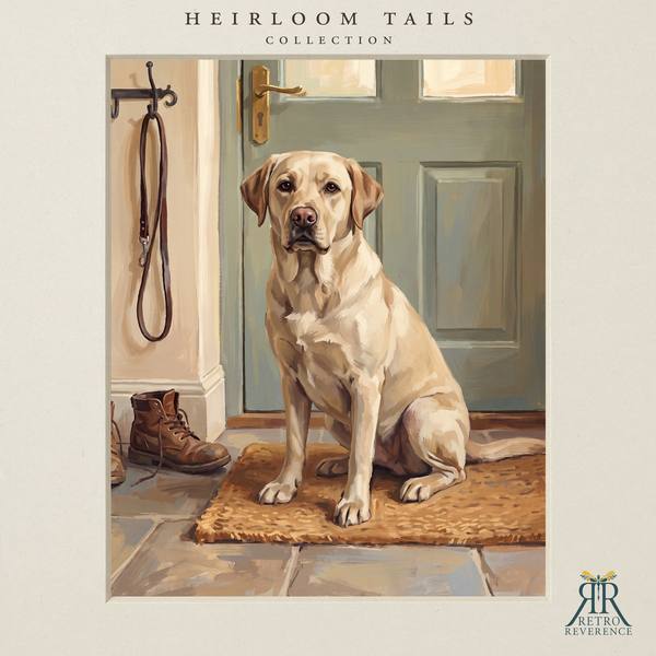 The same scene of a dog sitting by the front door beside the leash, waiting for a walk, rendered with a different dog, showing how the portrait adapts to any coat and markings
