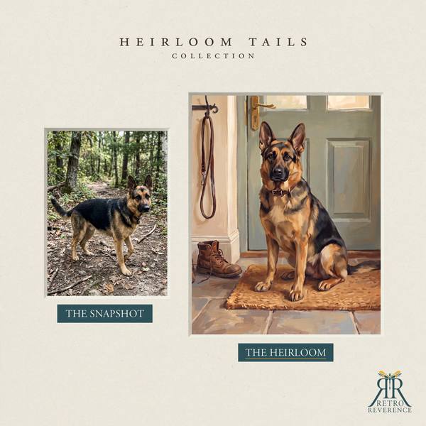 Custom dog portrait before and after: the customer’s original photo beside the finished illustration of a dog sitting by the front door beside the leash, waiting for a walk