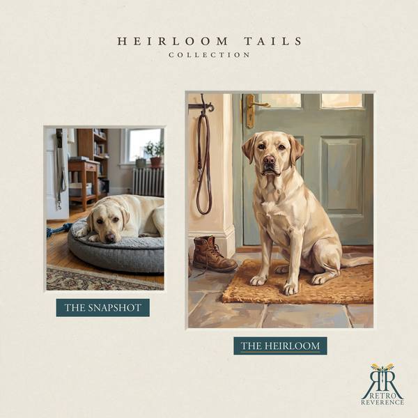 Another before and after, showing a different dog photo transformed into the scene of a dog sitting by the front door beside the leash, waiting for a walk