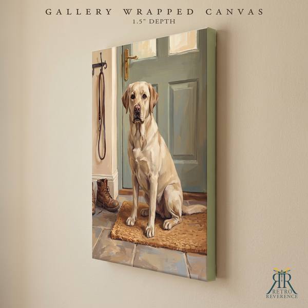 Custom dog portrait of a dog sitting by the front door beside the leash, waiting for a walk as a gallery wrapped canvas with finished edges