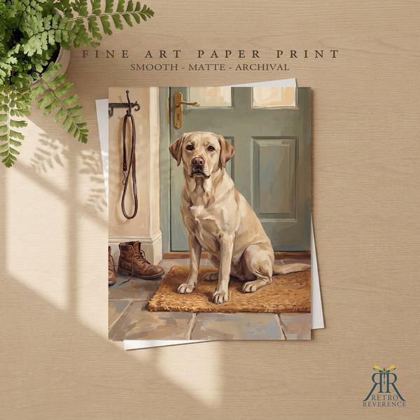 Custom dog portrait of a dog sitting by the front door beside the leash, waiting for a walk as a framed fine art paper print