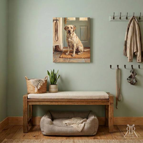 Custom dog portrait of a dog sitting by the front door beside the leash, waiting for a walk, framed and hanging on a wall at home