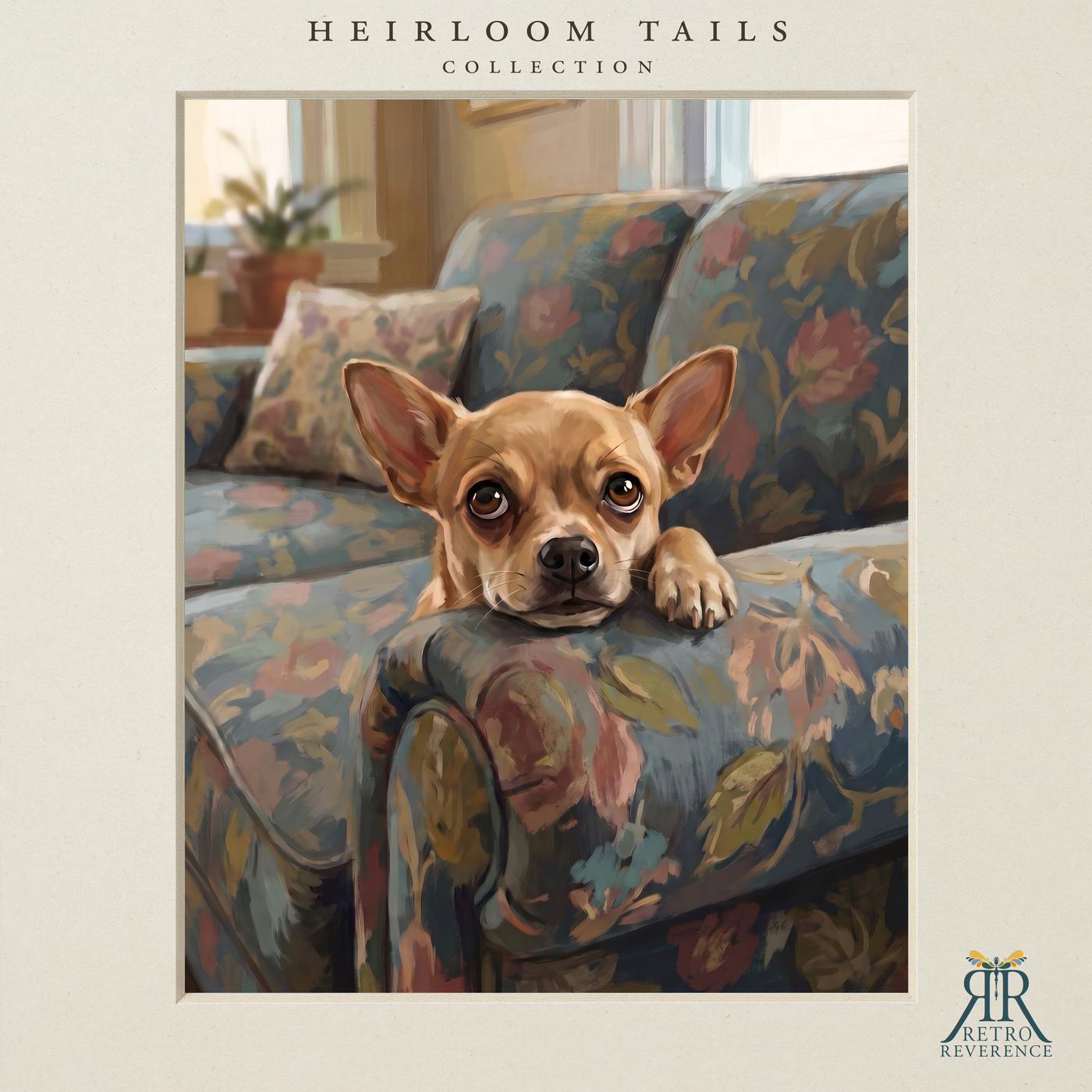 Custom dog portrait of a dog gazing up with impossibly pleading eyes, illustrated in a painterly vintage style